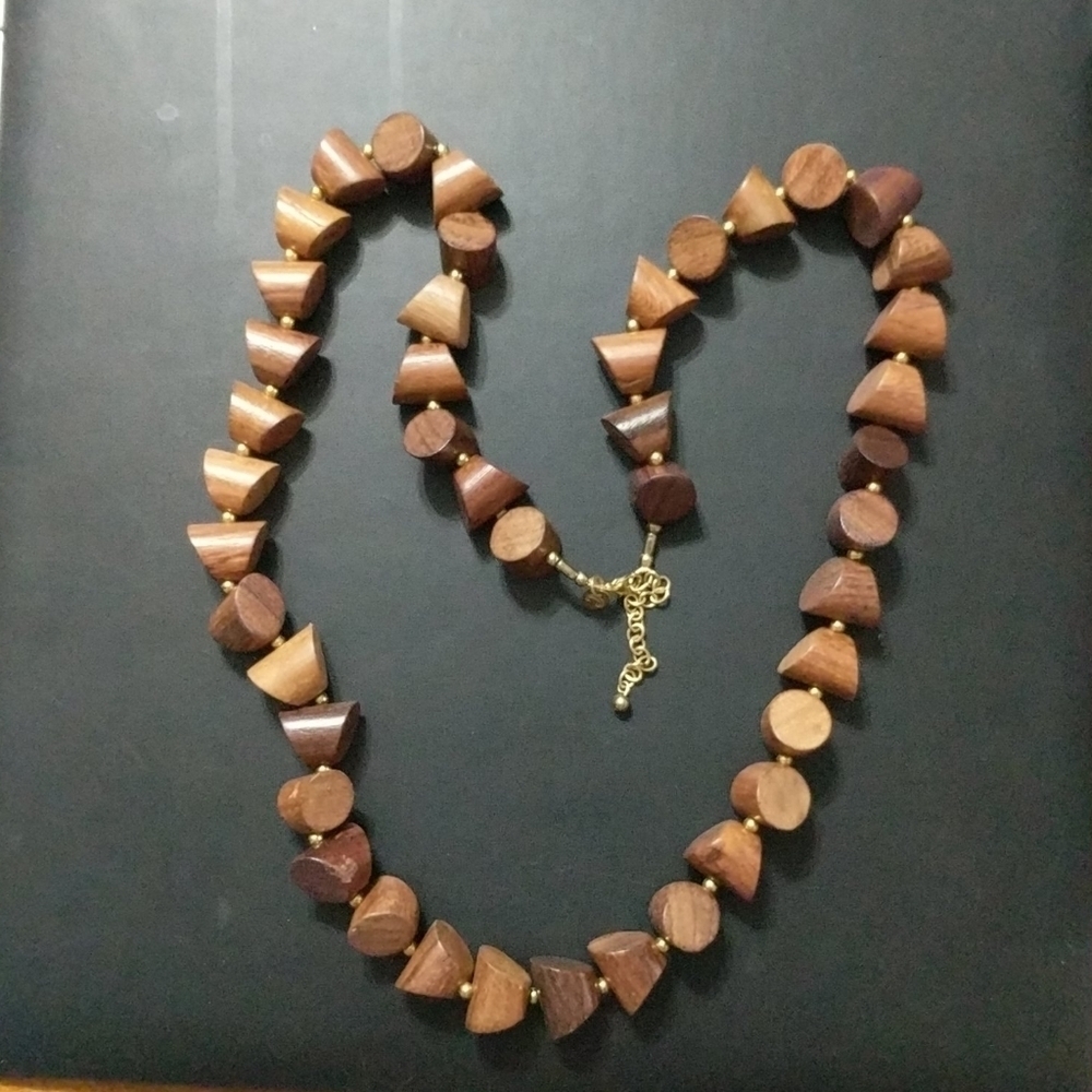 Charming Charlie Gold Tone Brown Chunky Wood Beaded Statement Necklace